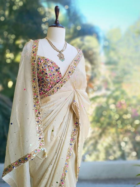 Eclipse Cream Crushed Tissue Saree with Sequin and Pearl Work