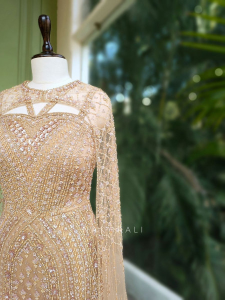 Aria Beige Sequin Cut Dana Gown with Pearl Detailing