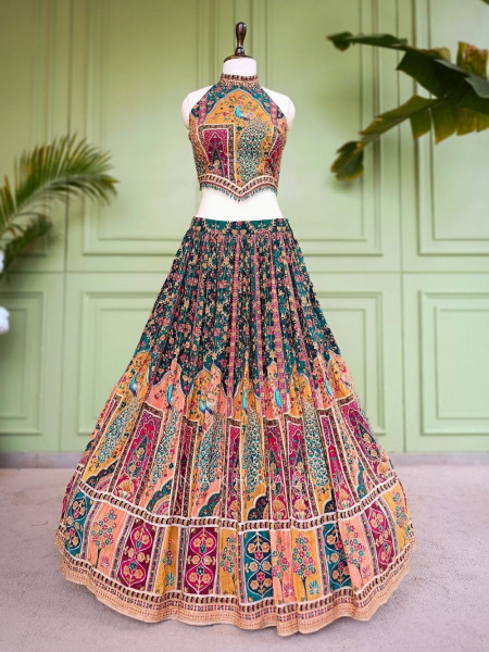 Gulnaar-e-Ishq Green Peacock Print Halter Neck Lehenga Set