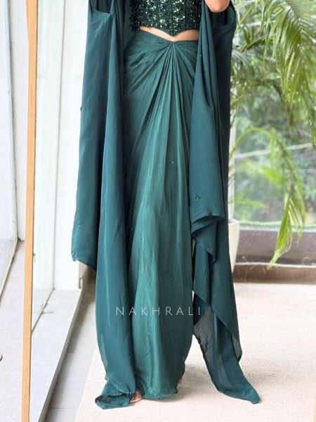 Serpentine Emerald Green Viscose Georgette & Satin Three-Piece Indo-Western
