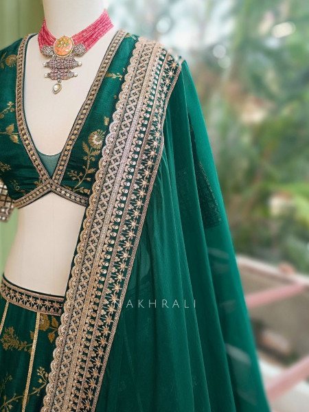 Orvian Green Lehenga Set with Floral Weave Sequin Border Work