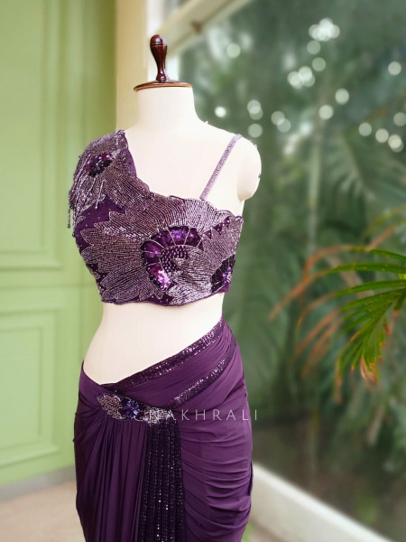 Celestia Wine Drape Saree with Sequin Embellished Blouse