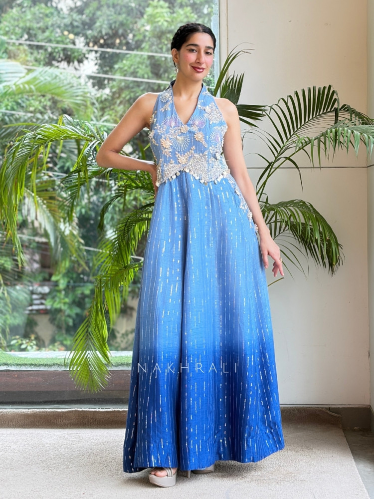 Image of Ishvika Blue Chanderi Long Dress With 3D Floral, Cutdana &amp; Coin Fringe Work