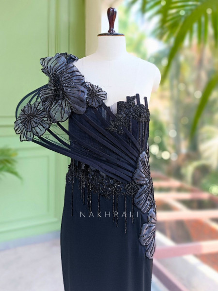 Sylrix Black Statement Gown with 3D Floral Sequin Embroidery