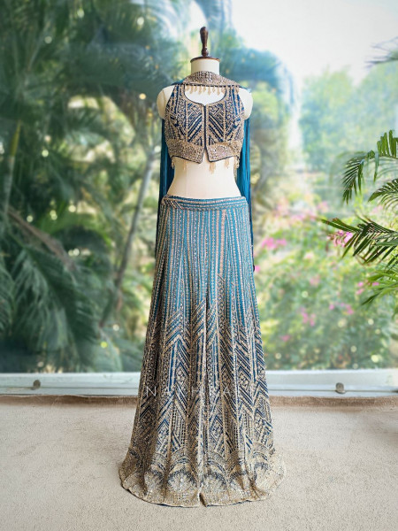 Serenya Blue Sequin Palazzo Set with Choker Dupatta