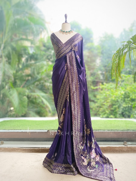 Vionika Plum Purple Chiffon-Crepe Saree With Chevron Zari Border & Floral Embroidery