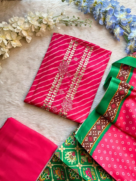 Saanjh Magenta Bandhani Print Dress Material with Gota Patti Neck Work
