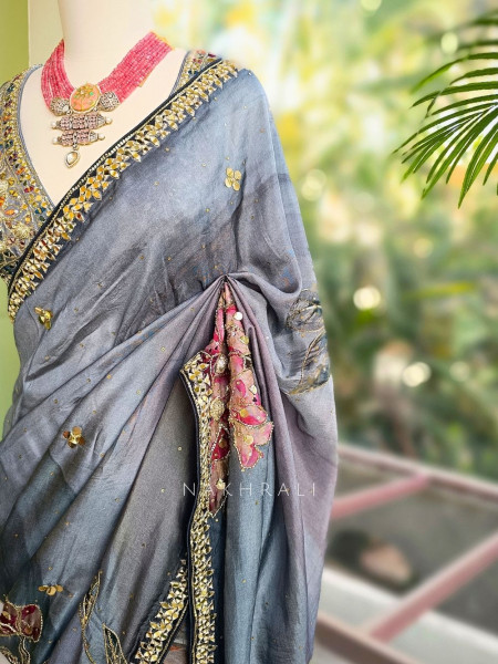 Chandani Baag Grey Floral Saree with Mirror Sequin Embroidery