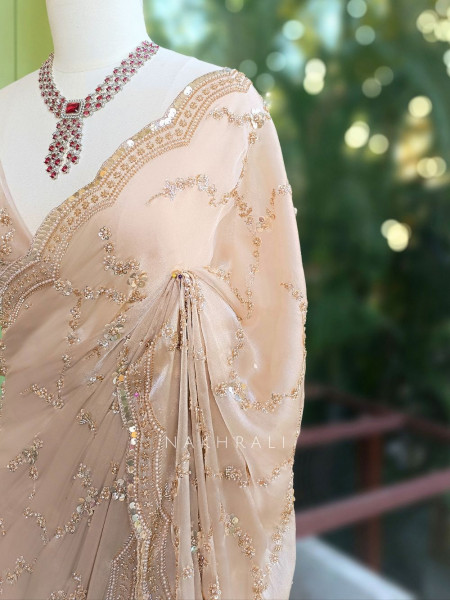 Rimsun Beige Sequin & Bead Embellished Saree
