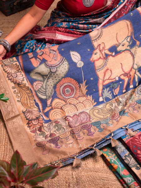 Pushp Blue  Kalamkari Saree with Traditional  Art Prints