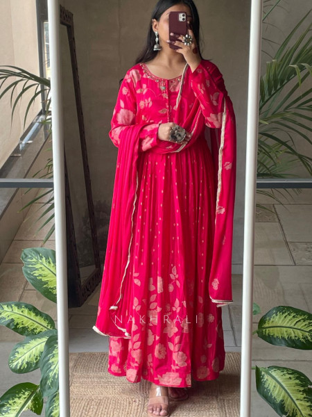 Vashti Magenta Chinon Floral Anarkali with Zari & Bead Work