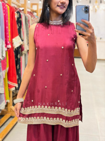 Kivra Wine Silk Kurta Palazzo Set with Sequin Bead Work