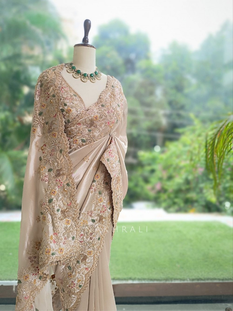 Image of Mrigpushp Ivory Tissue Satin Designer Saree with Readymade Blouse