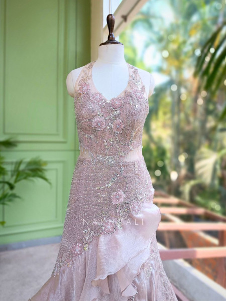 Sea- maid Beige Mermaid Gown with Sequin and Bead Work