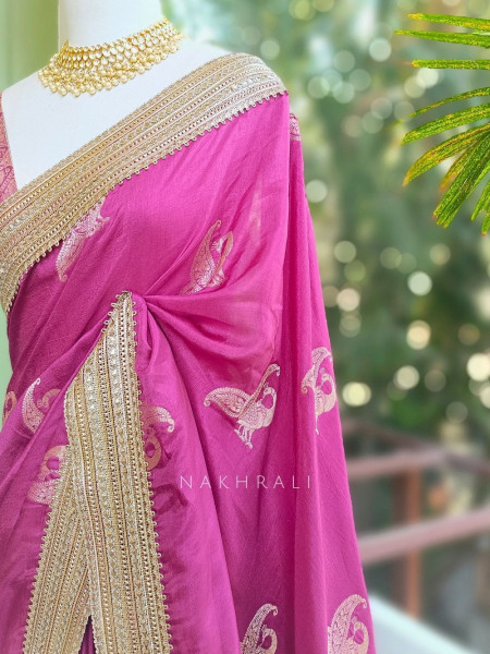Tavira Raspberry Saree with Broad Border and Unstitched Blouse Piece