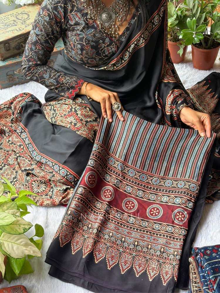 Image of Vasudha Black Modal Silk Saree With Ajrakh Print
