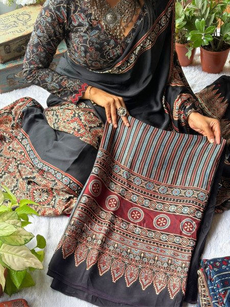 Vasudha Black Modal Silk Saree With Ajrakh Print