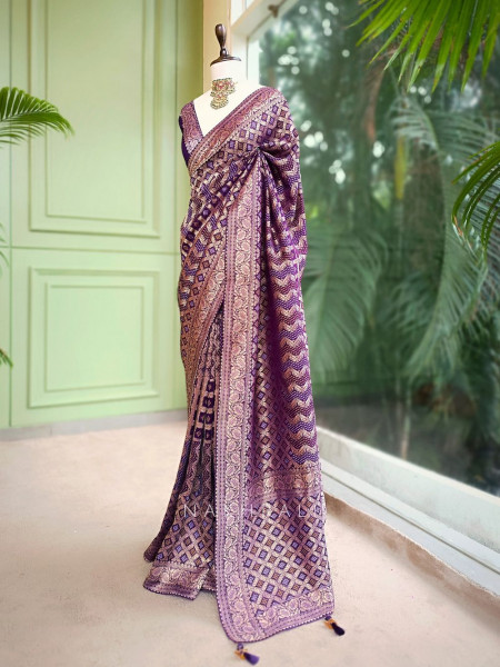 Riva Purple Georgette Bandhani Saree with Gota Lace