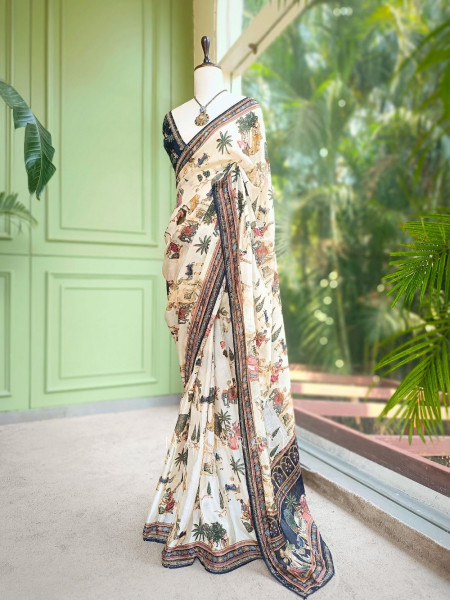Nerix Black Printed Saree with Scenic Motif Border