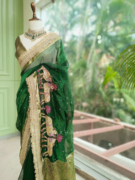 Vraj Ras Green Banarasi Tissue Silk Saree – Hand Embroidery & Zari Border
