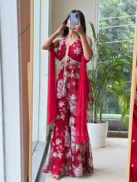 Gulbahar Maroon Indo-Western Peplum Sharara Set