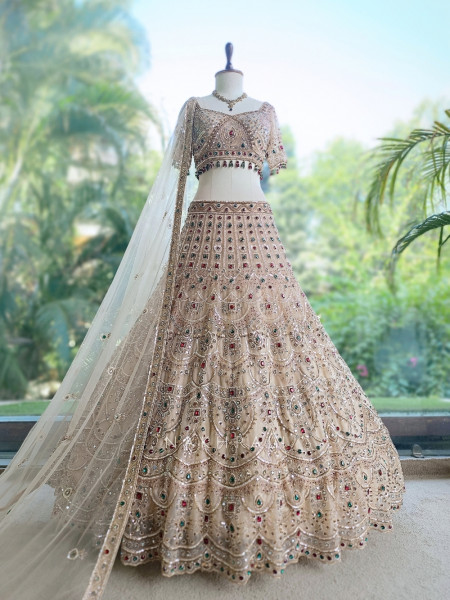 Ruby Kundan  Beige Satin Lehenga