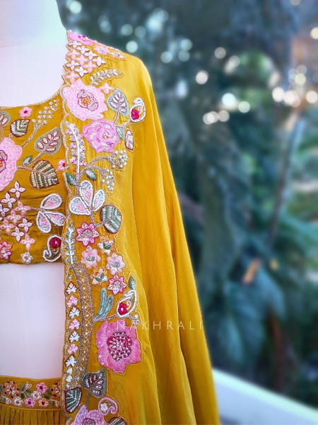 Ira Mustard Embroidered Crop Top Skirt Set with Cape Dupatta