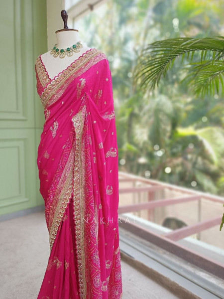 Surahi Magenta Pure Georgette Crepe Silk Bandhani Saree with Gota Patti Zardozi Border