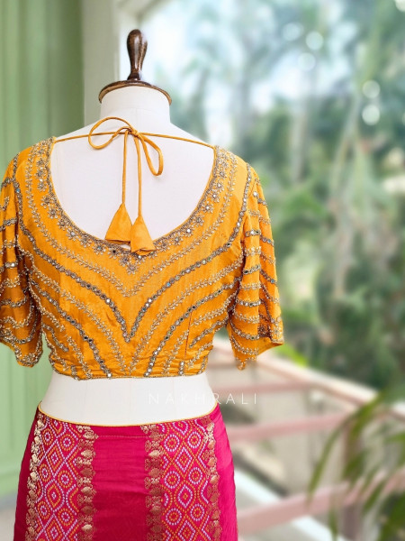 Pravahini Magenta Bandhani Saree with Sequin, Cut Dana & Mirror Work Readymade Blouse