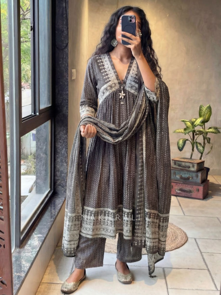 Trinaya Brown Cotton Anarkali Suit Set with Printed Work