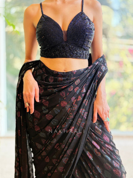 Midnight Haze Black Drape Saree with Sequin and Cut Dana Work
