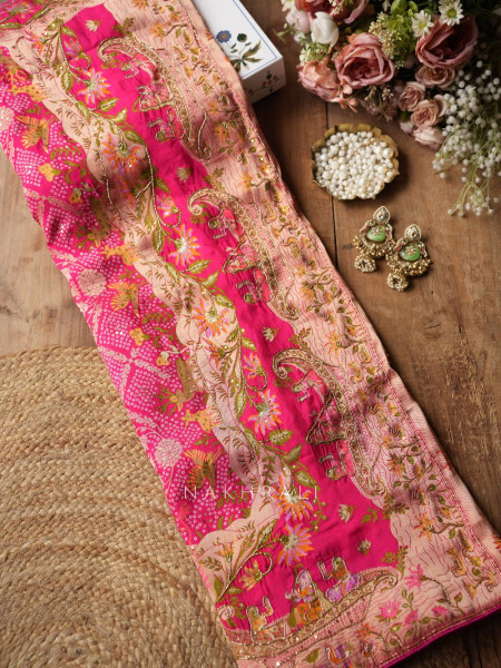 Heritage Bloom Red Gaji Silk Saree With Bandhani, Marodi & Gota Work