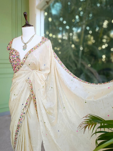 Eclipse Cream Crushed Tissue Saree with Sequin and Pearl Work