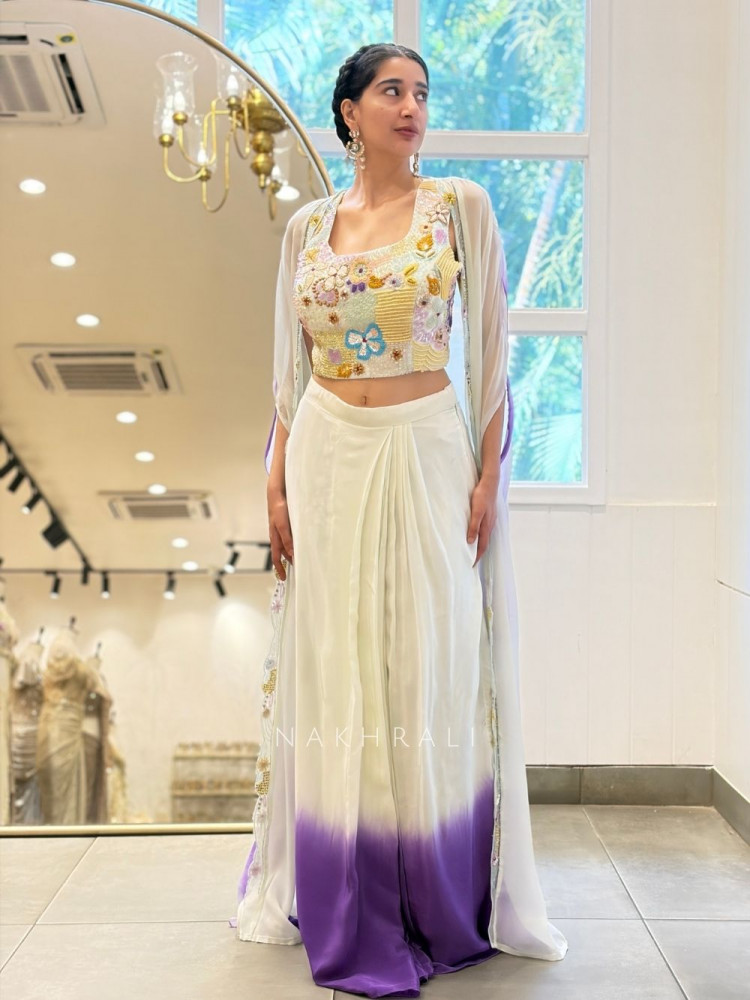 Image of Seraphina White Purple Crop Top Skirt Set with Cape Dupatta