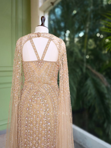 Aria Beige Sequin Cut Dana Gown with Pearl Detailing