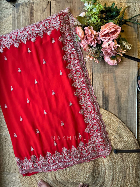 Rivaya Red Saree with Cut Dana and Sequin Work