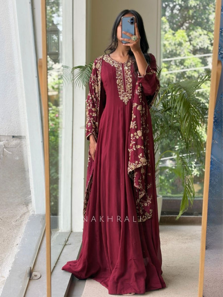 Gulnaaz Maroon Premium Faux Georgette Anarkali Suit Set