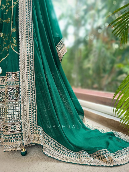 Orvian Green Lehenga Set with Floral Weave Sequin Border Work