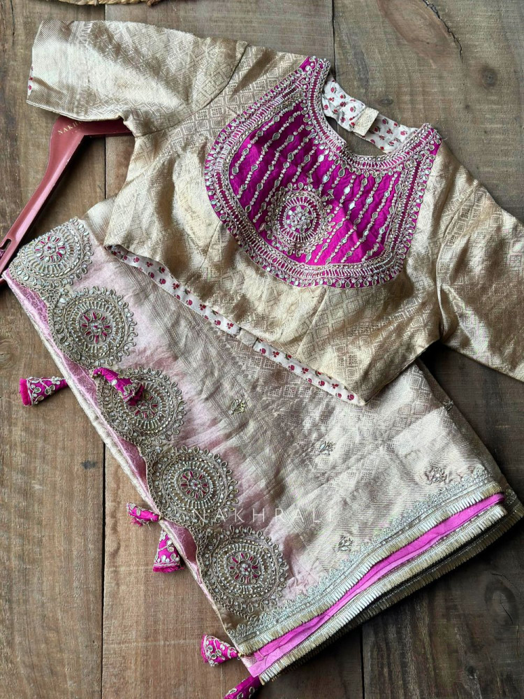 Image of Kshira Magenta Beige Designer Saree with Bead Stone Embroidery Blouse