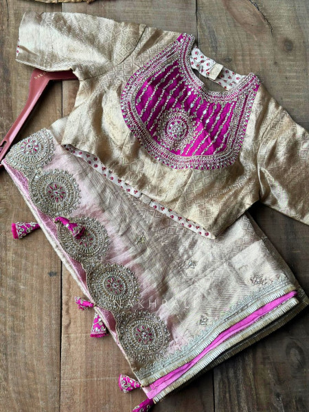 Kshira Magenta Beige Designer Saree with Bead Stone Embroidery Blouse