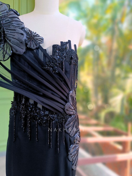 Sylrix Black Statement Gown with 3D Floral Sequin Embroidery