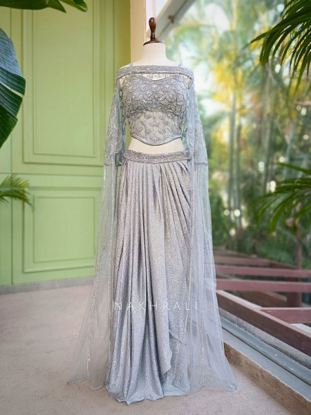 Naya Grey Indo-Western Crop Top Skirt Set with Cut Dana Sequin Work