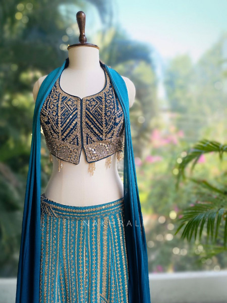 Serenya Blue Sequin Palazzo Set with Choker Dupatta