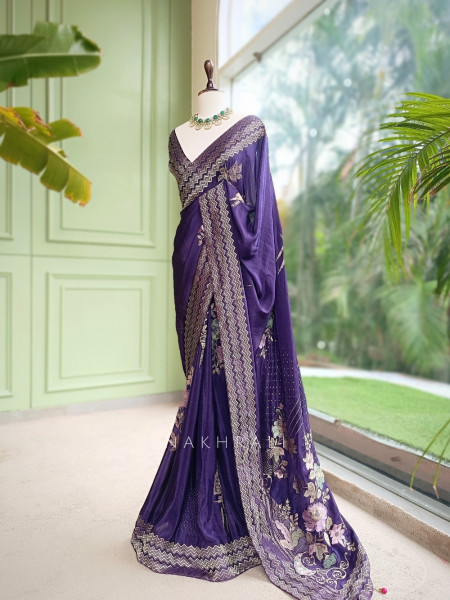 Vionika Plum Purple Chiffon-Crepe Saree With Chevron Zari Border & Floral Embroidery