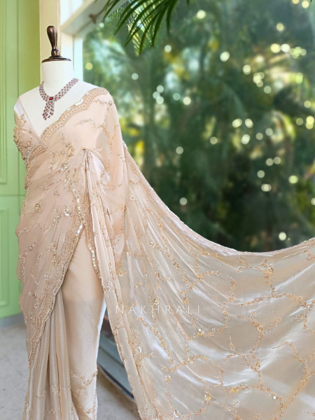 Rimsun Beige Sequin & Bead Embellished Saree