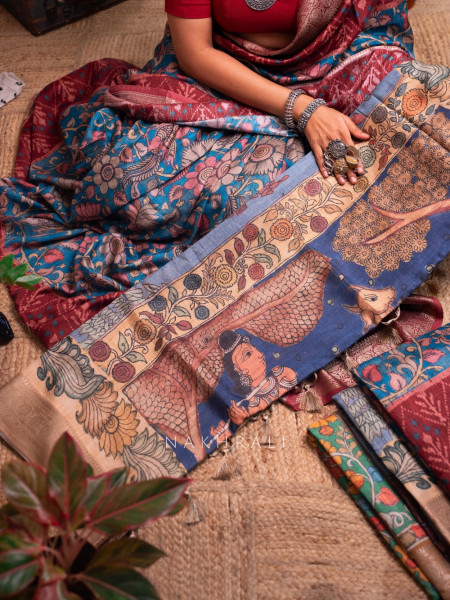 Pushp Blue  Kalamkari Saree with Traditional  Art Prints