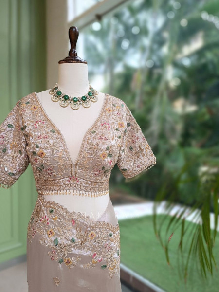 Mrigpushp Ivory Tissue Satin Designer Saree with Readymade Blouse