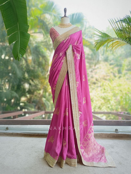 Tavira Raspberry Saree with Broad Border and Unstitched Blouse Piece