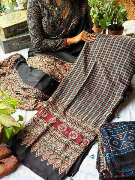 Vasudha Black Modal Silk Saree With Ajrakh Print
