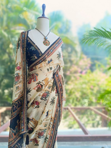 Nerix Black Printed Saree with Scenic Motif Border